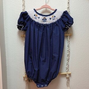 Classic Whimsy Navy Polka Dot Smocked Baby Bubble w/ Cheerleader Embroidery